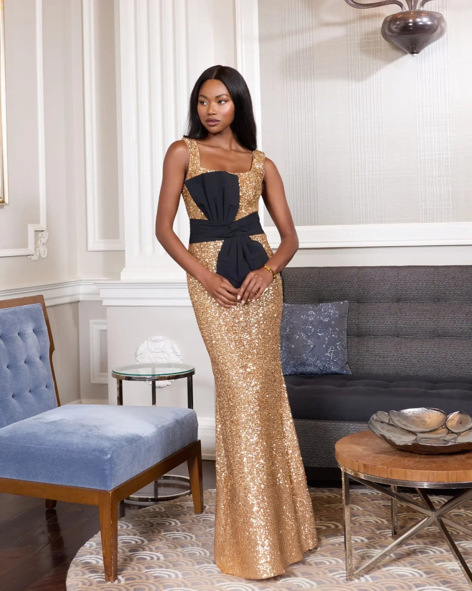 Gold Sequin Square Neck Column Gown With Faille Bow - Image 4