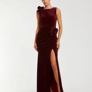 Red High Neck Velvet Column Gown With 3D Flowers