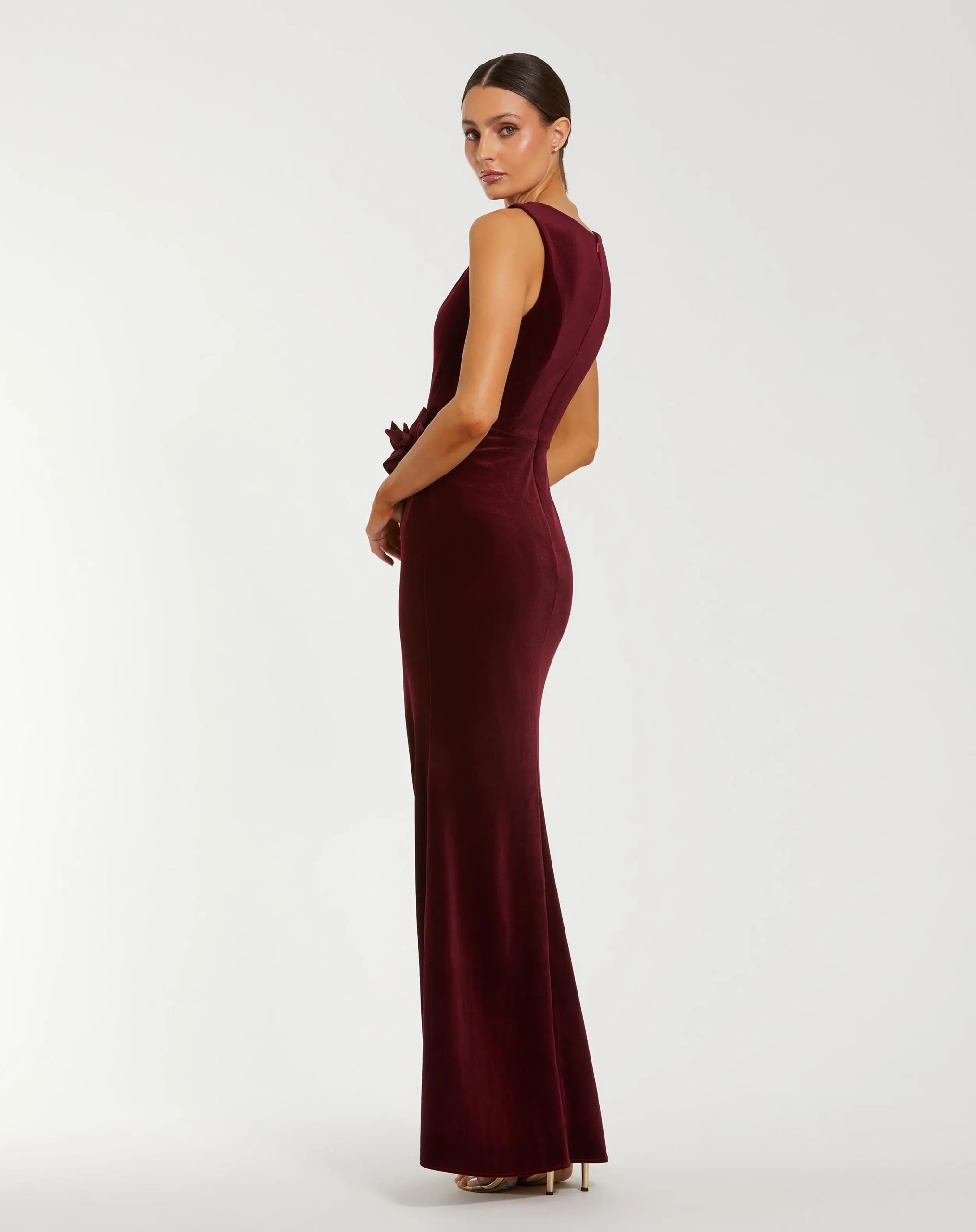 Red High Neck Velvet Column Gown With 3D Flowers - Image 3