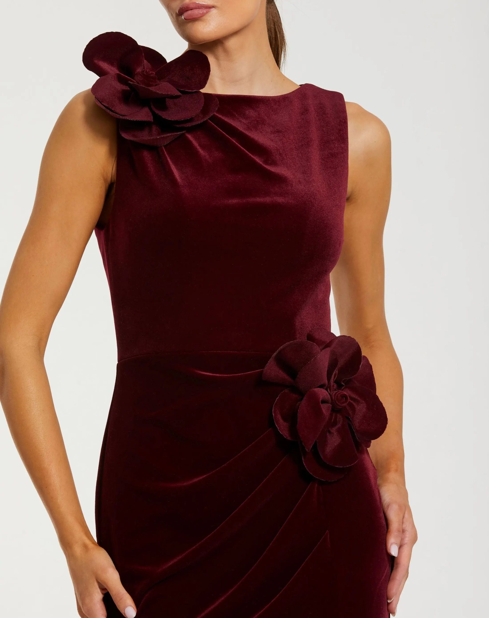 Red High Neck Velvet Column Gown With 3D Flowers - Image 2