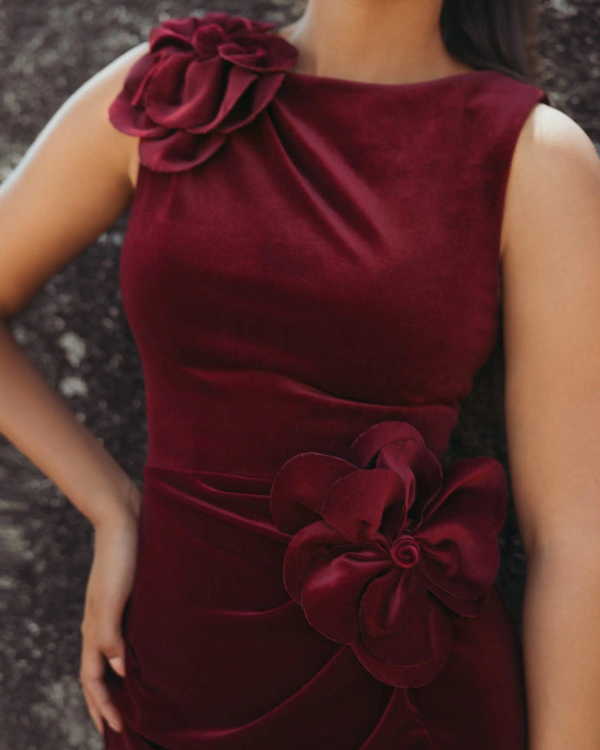 Red High Neck Velvet Column Gown With 3D Flowers - Image 5