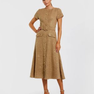 Gold Boucle Cap Sleeve High Neck Button Up Midi Dress