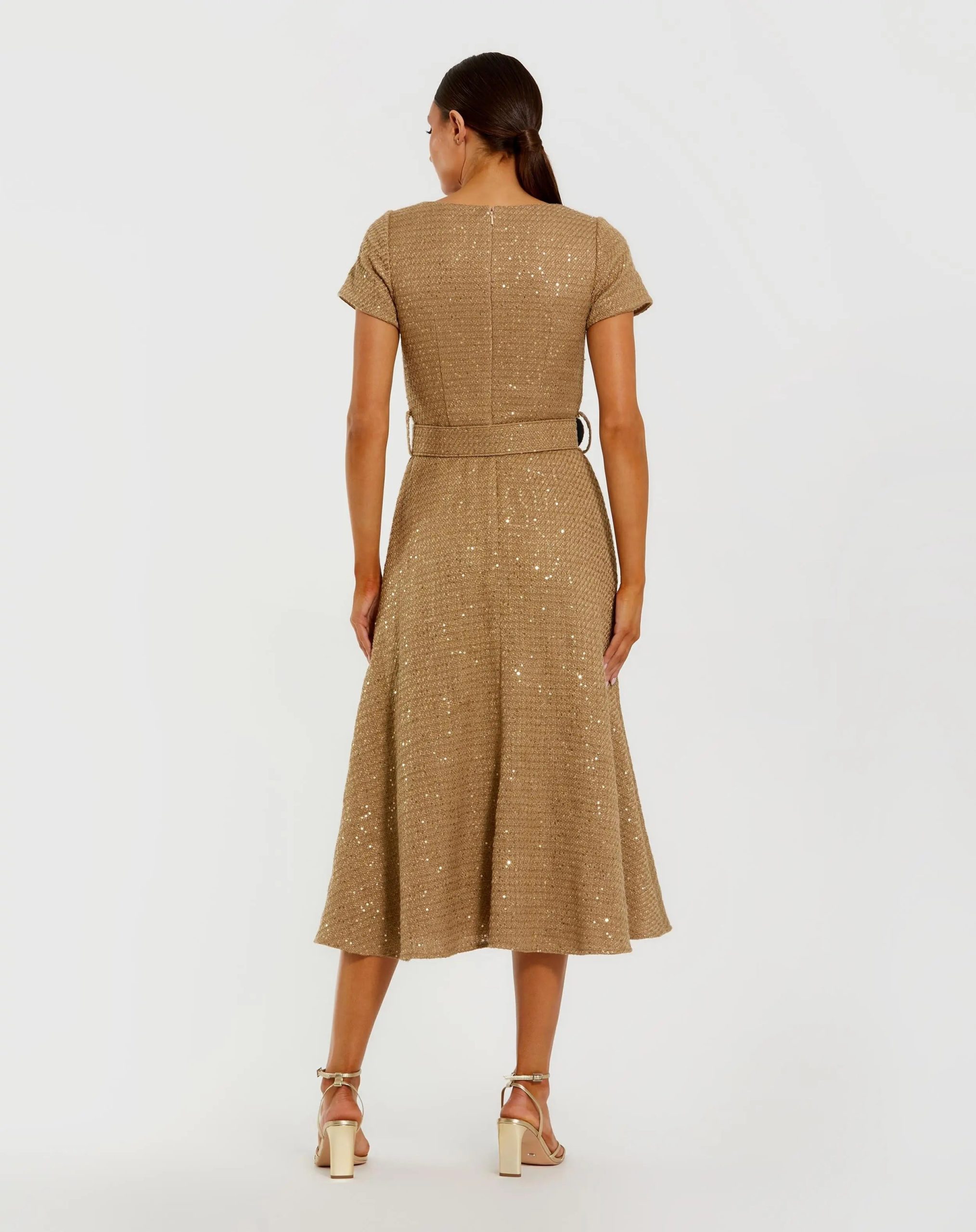 Gold Boucle Cap Sleeve High Neck Button Up Midi Dress - Image 3