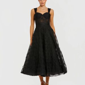 Black Bustier Sleeveless A-Line Tulle Midi Dress