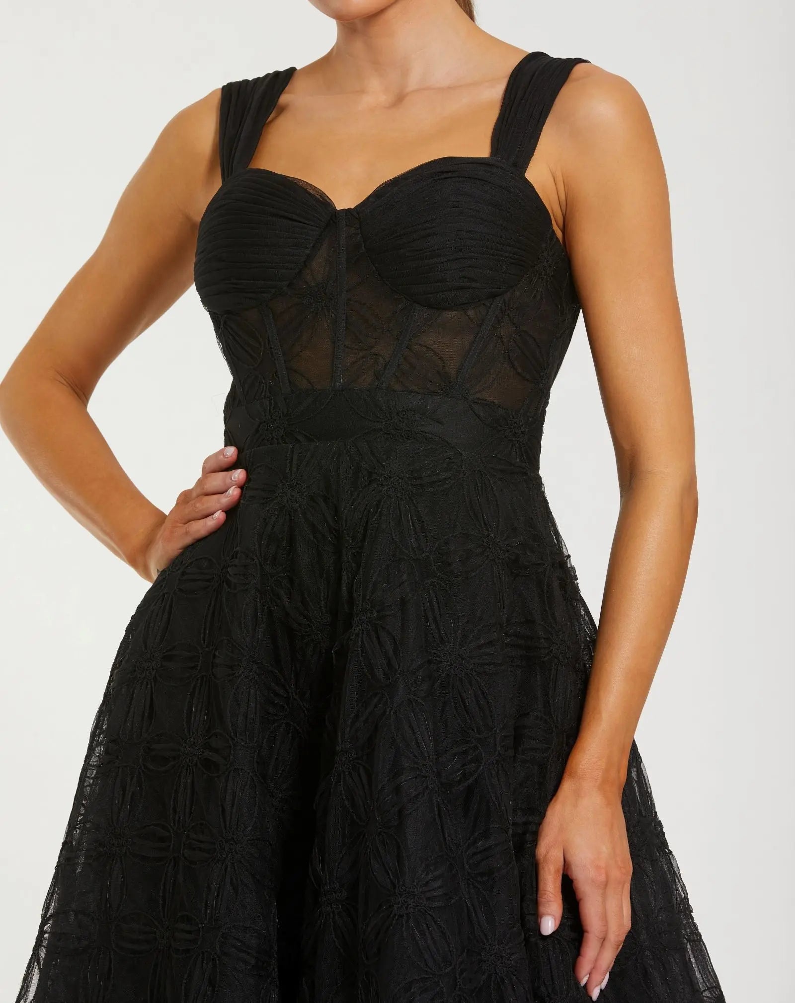 Black Bustier Sleeveless A-Line Tulle Midi Dress - Image 2