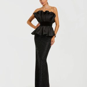 Black Strapless Satin Peplum Sequin Column Gown
