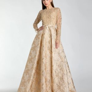 Gold Embellished Long Sleeve Brocade Ball Gown
