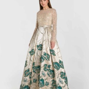 Gold Long Sleeve Embellished Floral Brocade Ball Gown