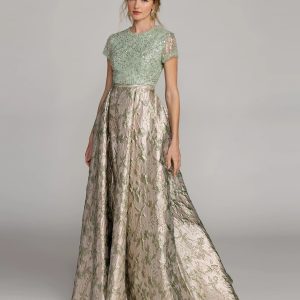 Green Sequin Embellished Floral Jacquard Ball Gown