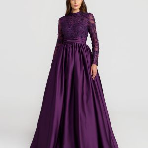 Purple Embroidered Long Sleeve Satin Ball Gown