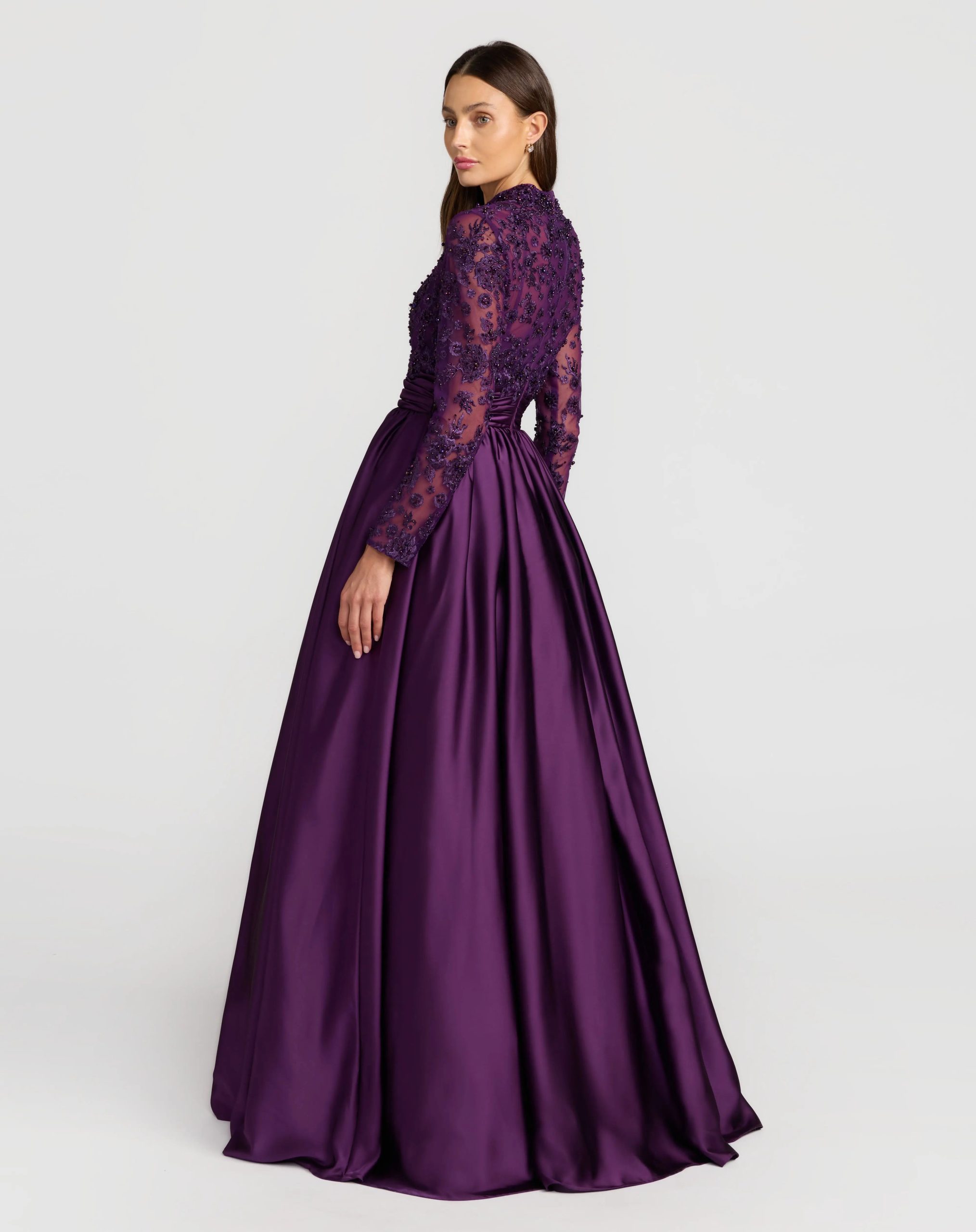 Purple Embroidered Long Sleeve Satin Ball Gown - Image 3