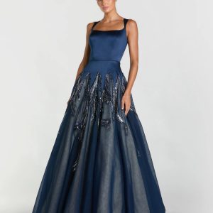 Navy Embellished Satin Ball Gown With Tulle Skirt