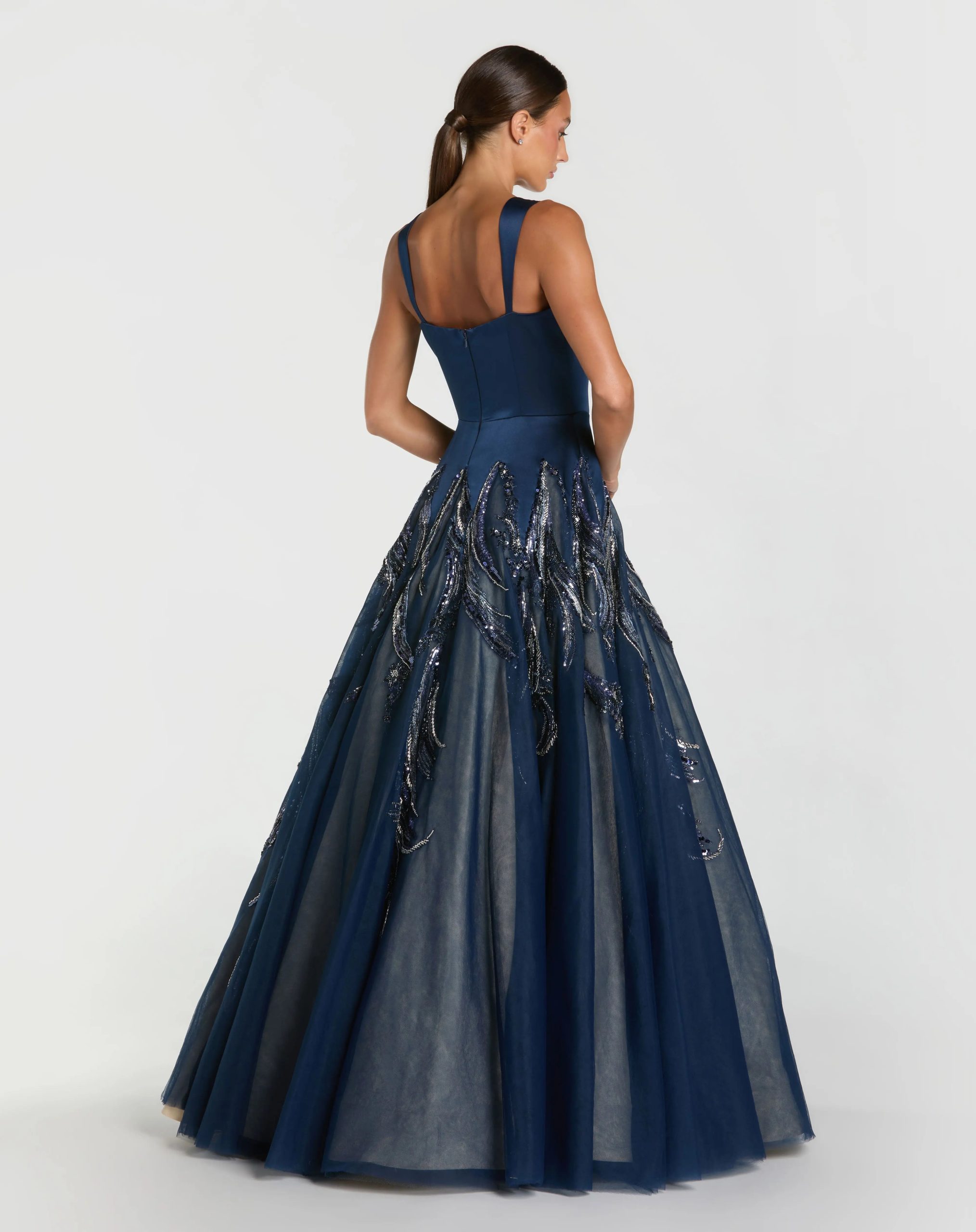 Navy Embellished Satin Ball Gown With Tulle Skirt - Image 3