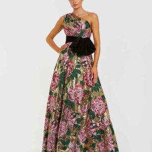 Multicolor One Shoulder Sequin Ball Gown With Velvet Bow