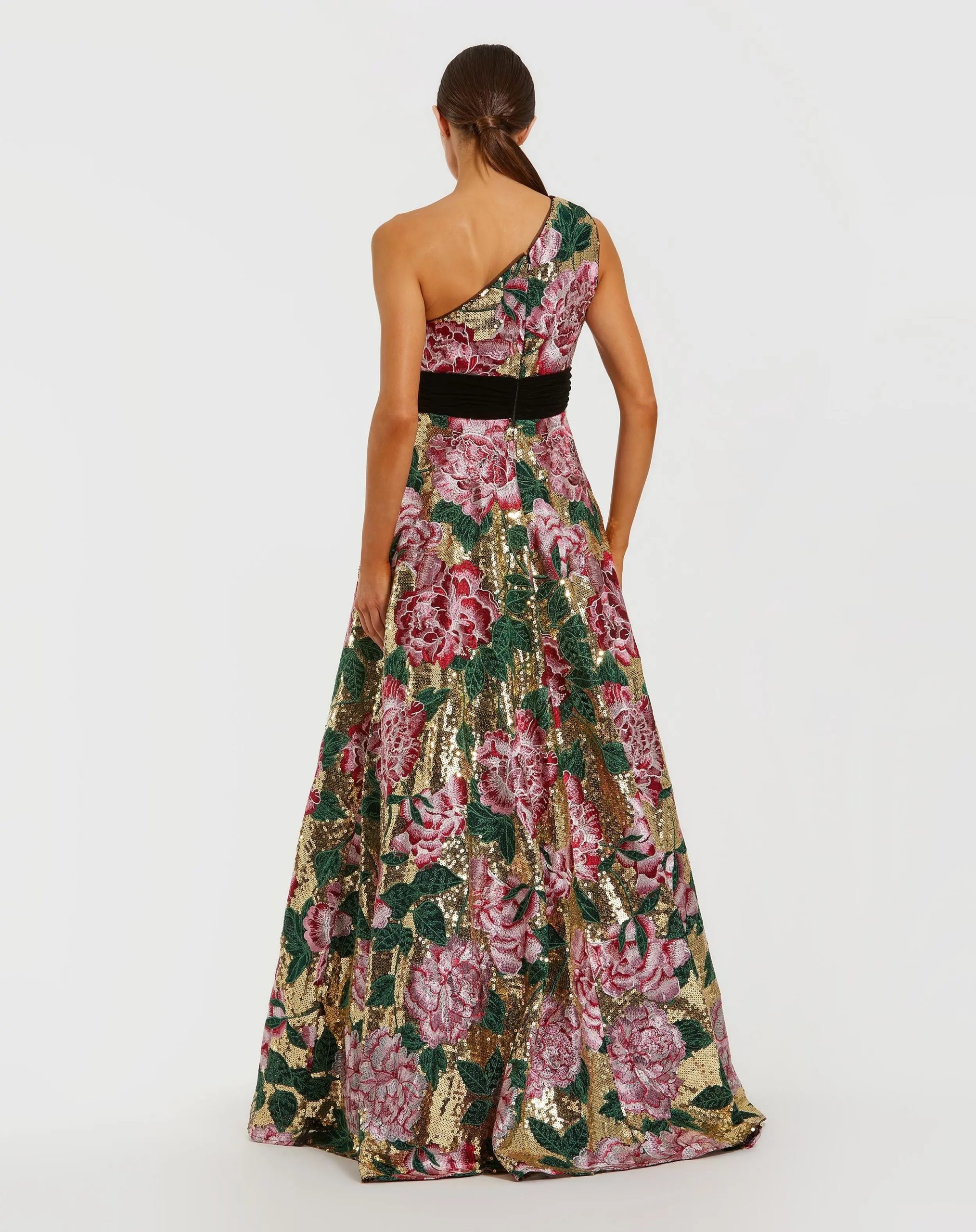 Multicolor One Shoulder Sequin Ball Gown With Velvet Bow - Image 3