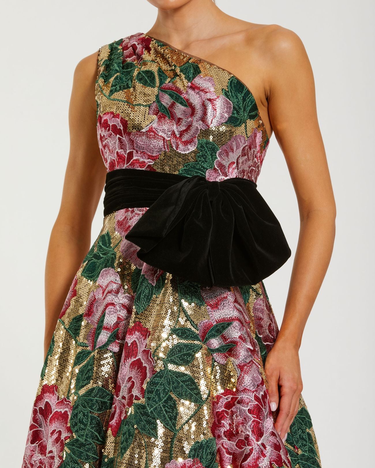 Multicolor One Shoulder Sequin Ball Gown With Velvet Bow - Image 2