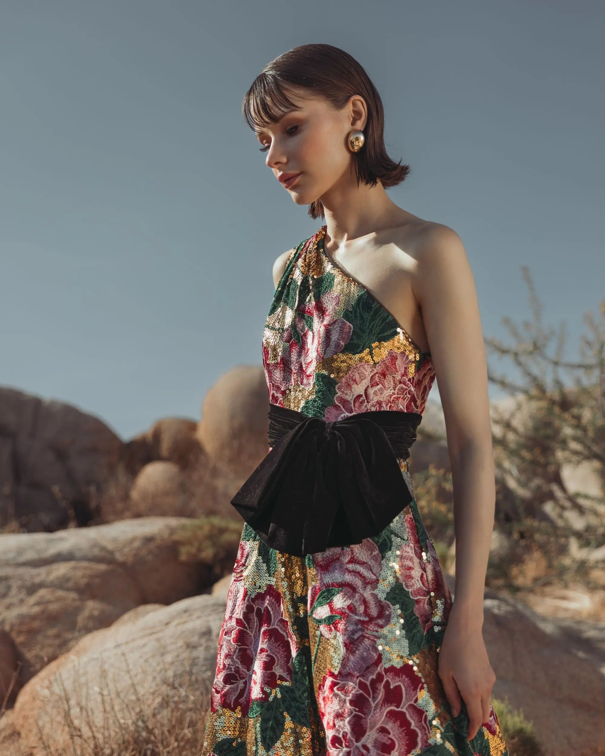 Multicolor One Shoulder Sequin Ball Gown With Velvet Bow - Image 6