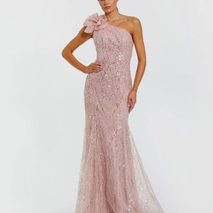Pink One Shoulder Beaded Mermaid Gown With 3D Flower