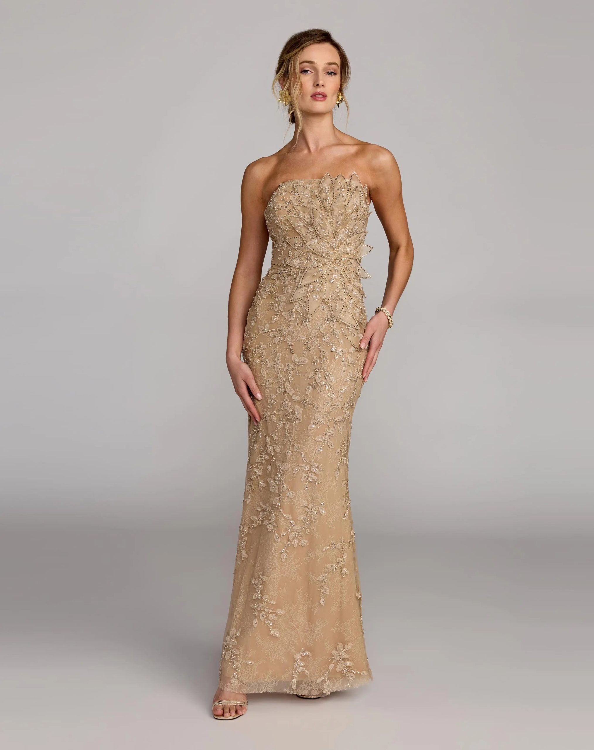 Beige Strapless Embellished Lace Gown with 3D Flower - Image 4
