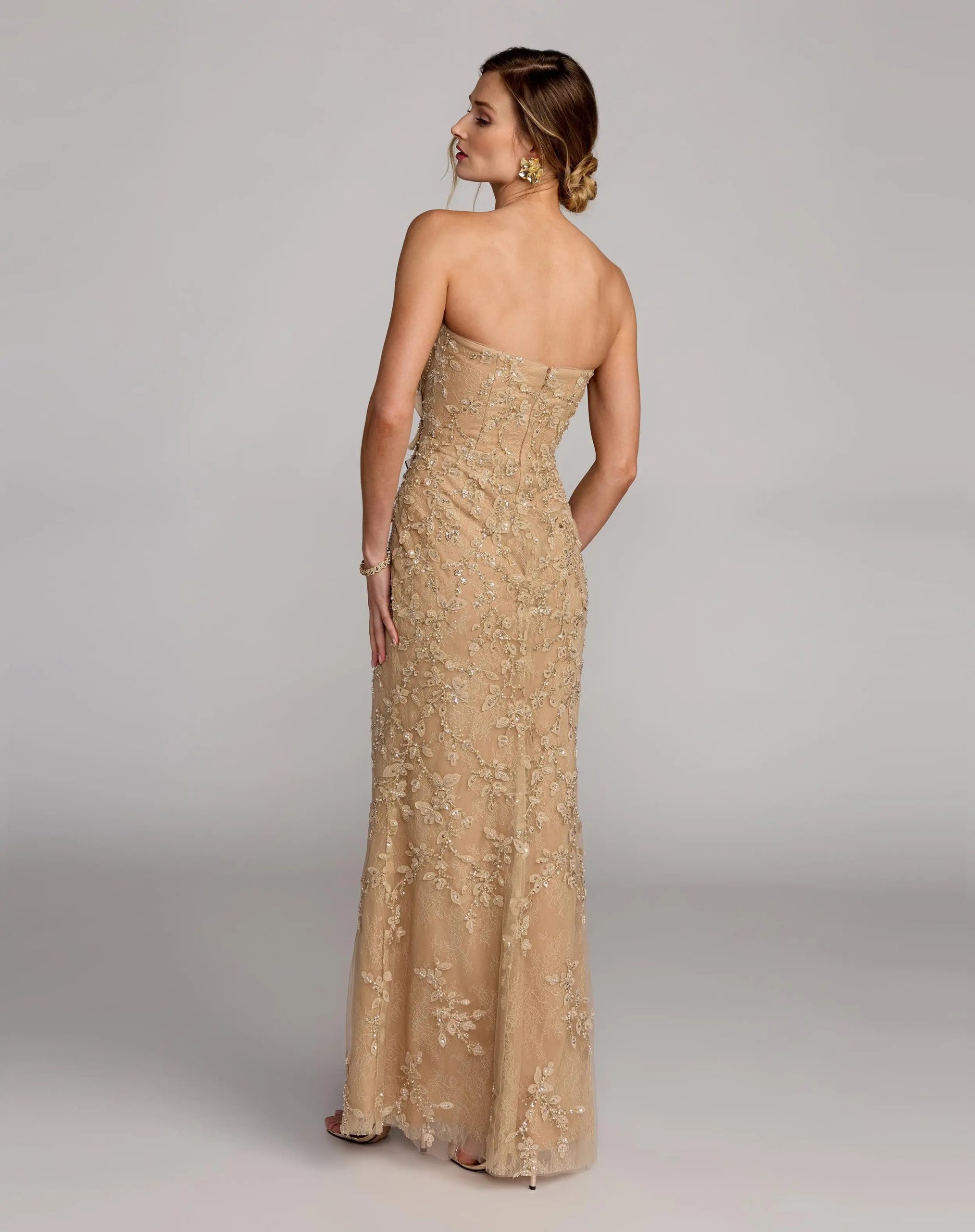 Beige Strapless Embellished Lace Gown with 3D Flower - Image 7