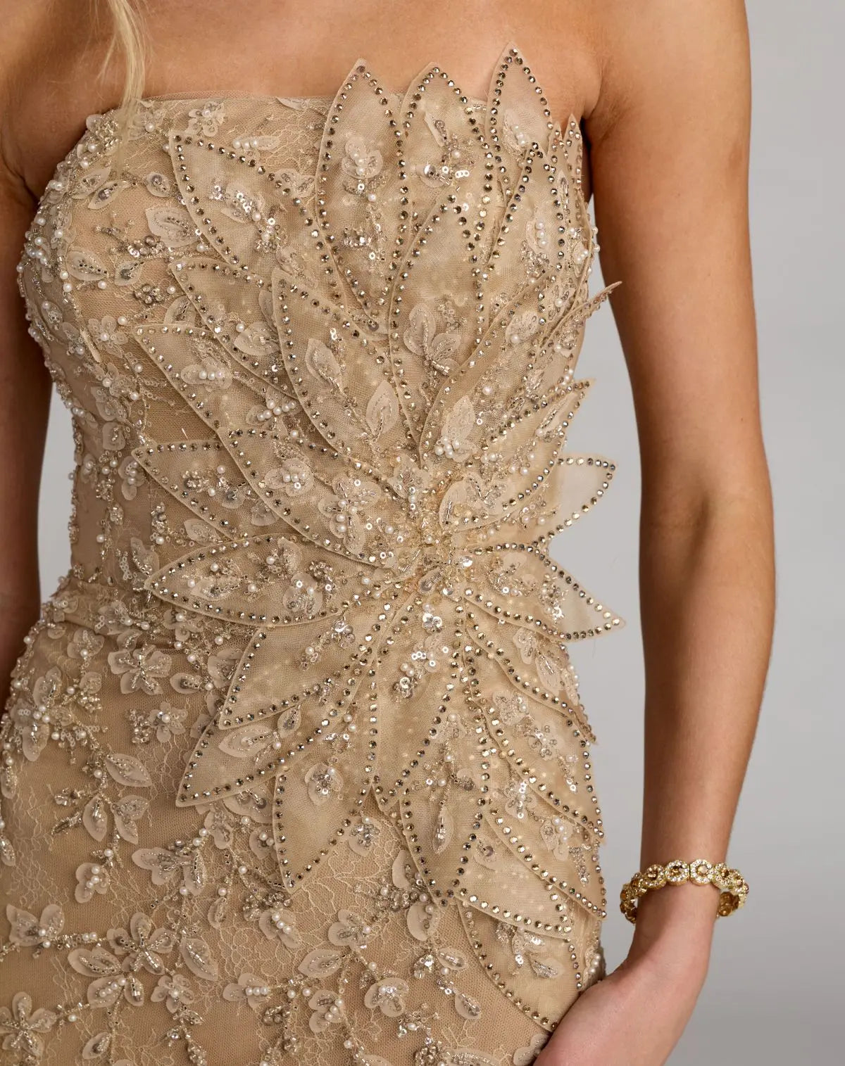 Beige Strapless Embellished Lace Gown with 3D Flower - Image 6