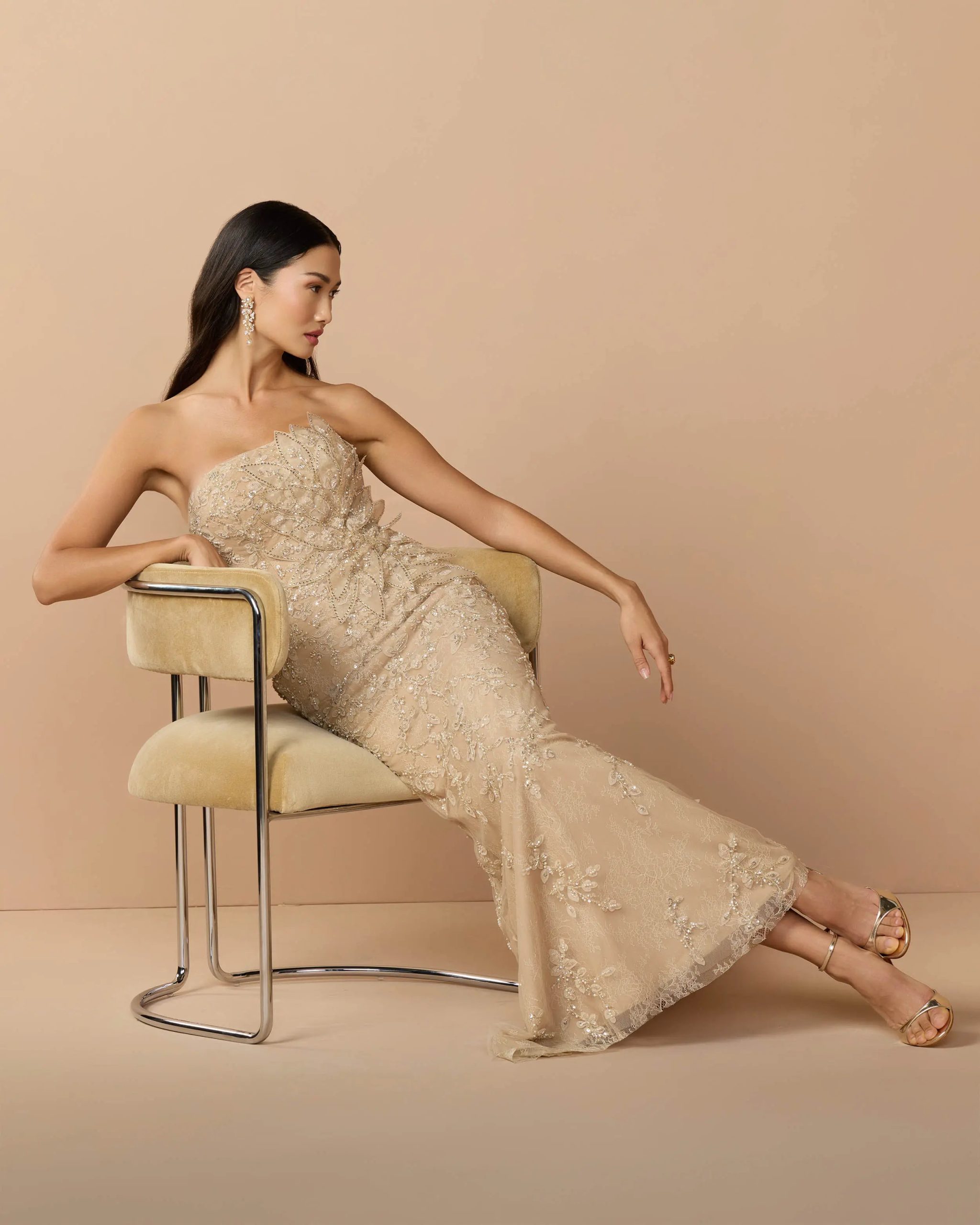 Beige Strapless Embellished Lace Gown with 3D Flower - Image 3