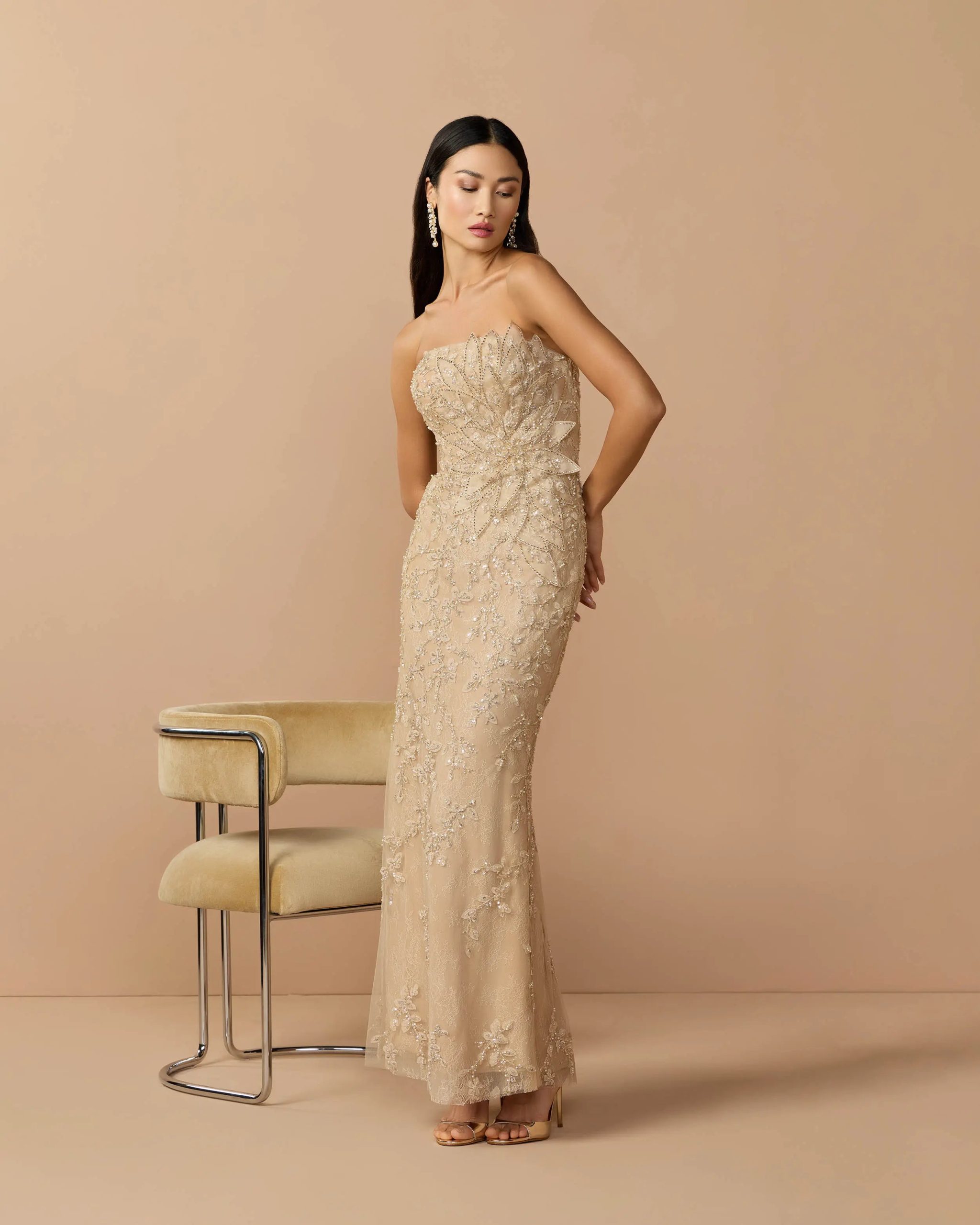 Beige Strapless Embellished Lace Gown with 3D Flower - Image 2