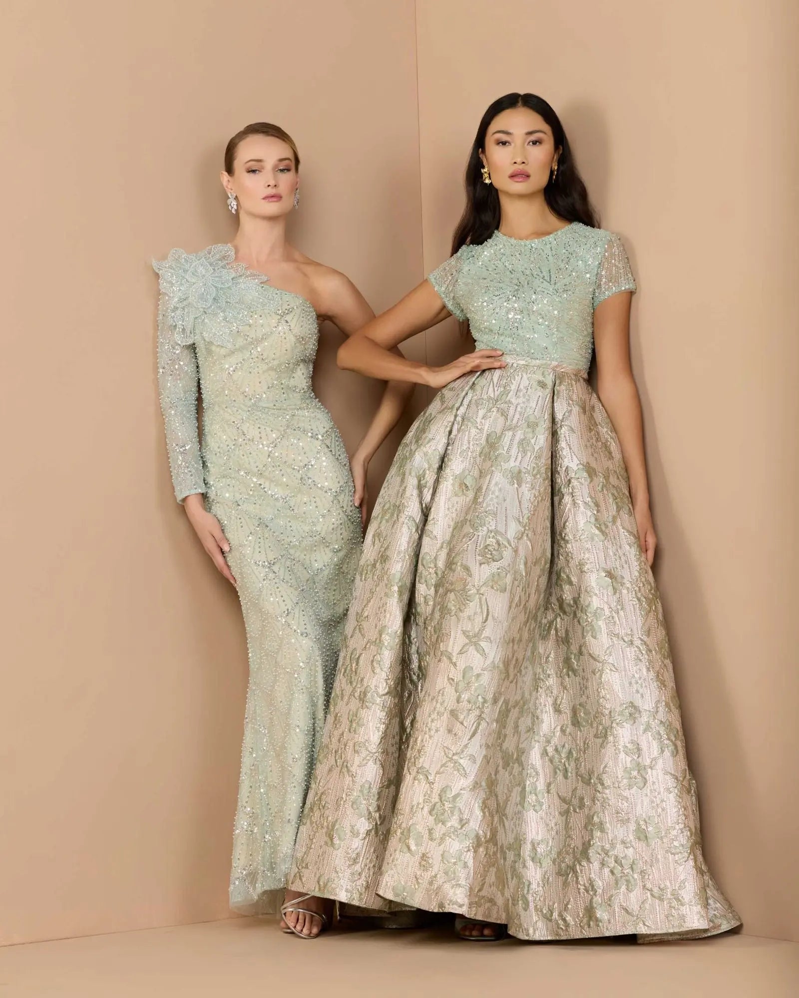 Green One Shoulder Embellished Gown With Floral Accent - Image 3