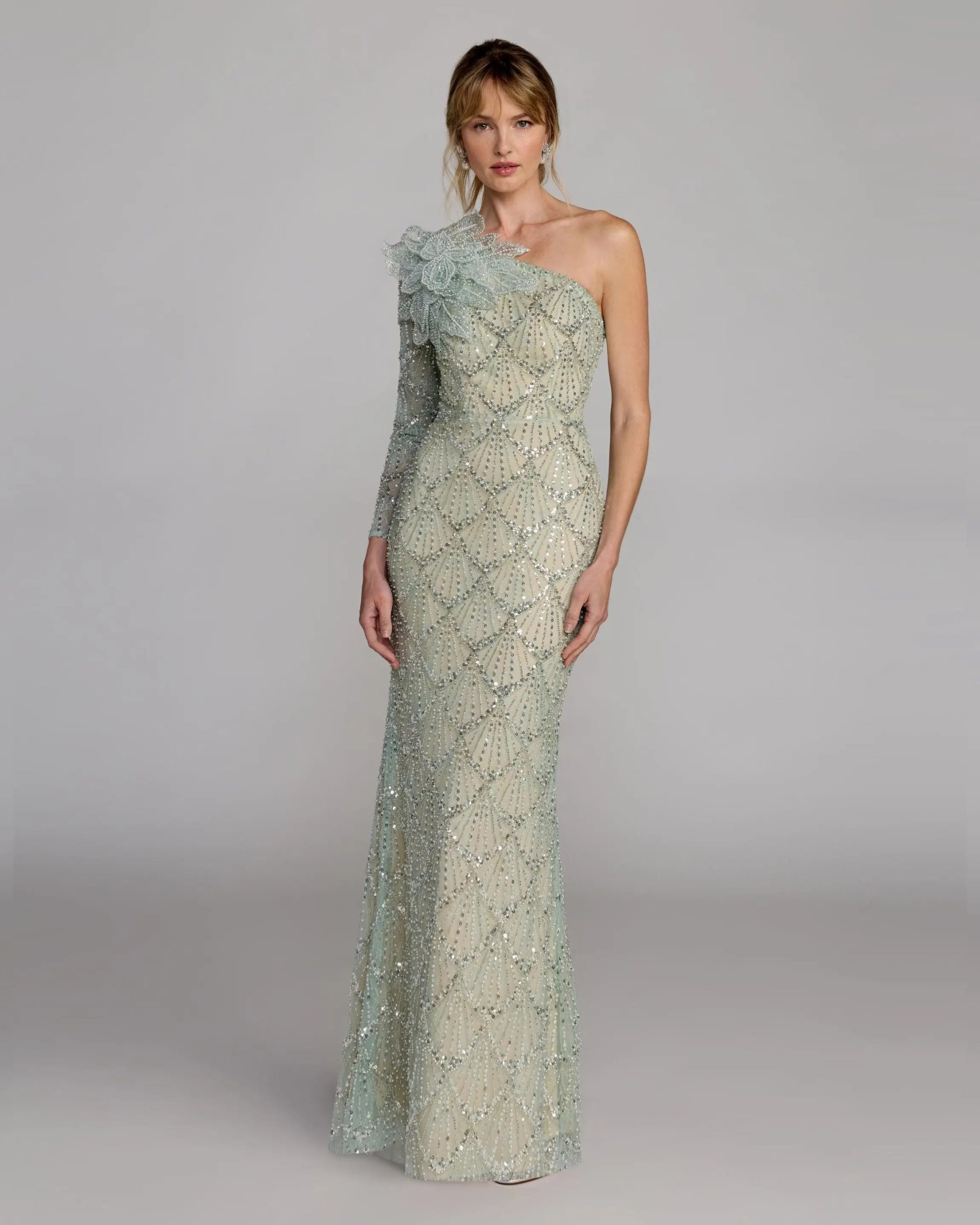 Green One Shoulder Embellished Gown With Floral Accent - Image 4