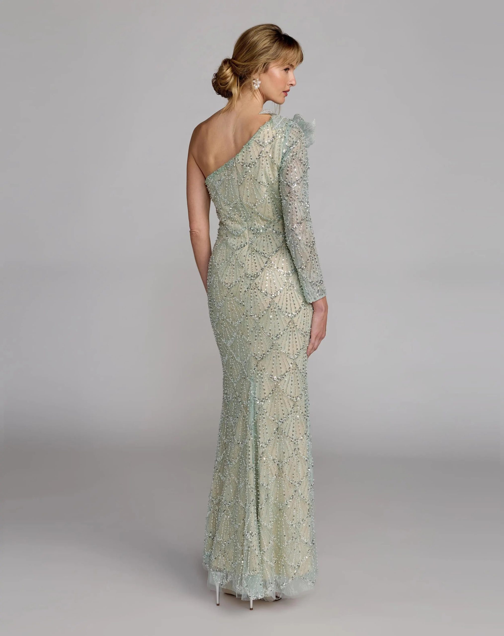 Green One Shoulder Embellished Gown With Floral Accent - Image 6