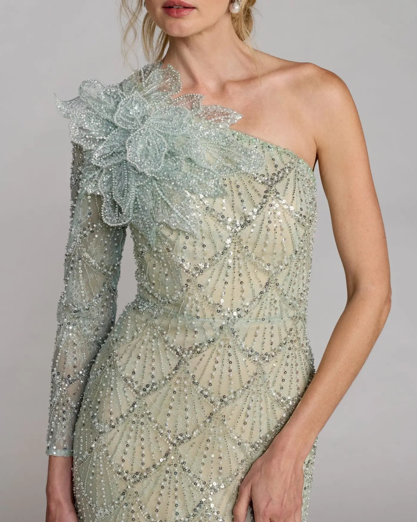 Green One Shoulder Embellished Gown With Floral Accent - Image 5