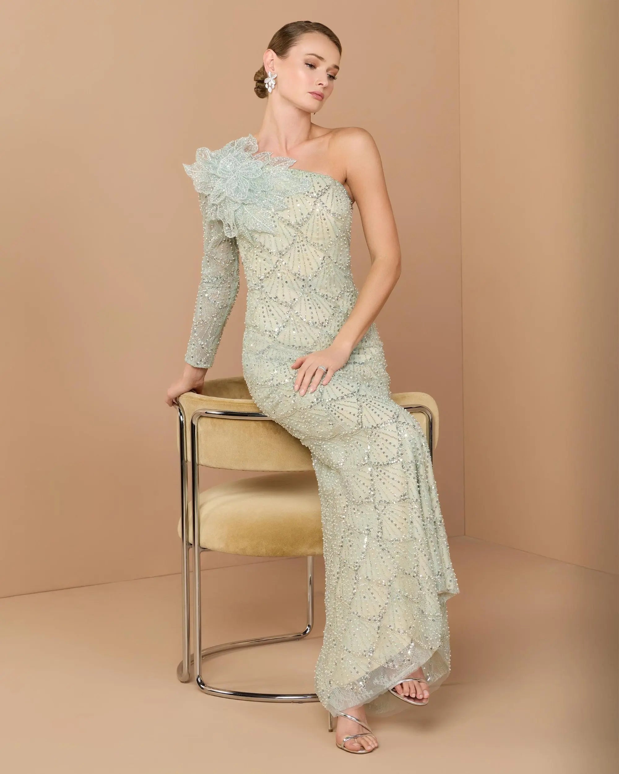 Green One Shoulder Embellished Gown With Floral Accent - Image 2