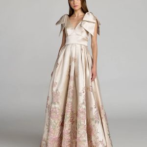 Ivory Brocade V Neck Ball Gown With Bow Straps