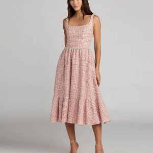 Pink Pearl Embellished Sleeveless Boucle Midi Dress