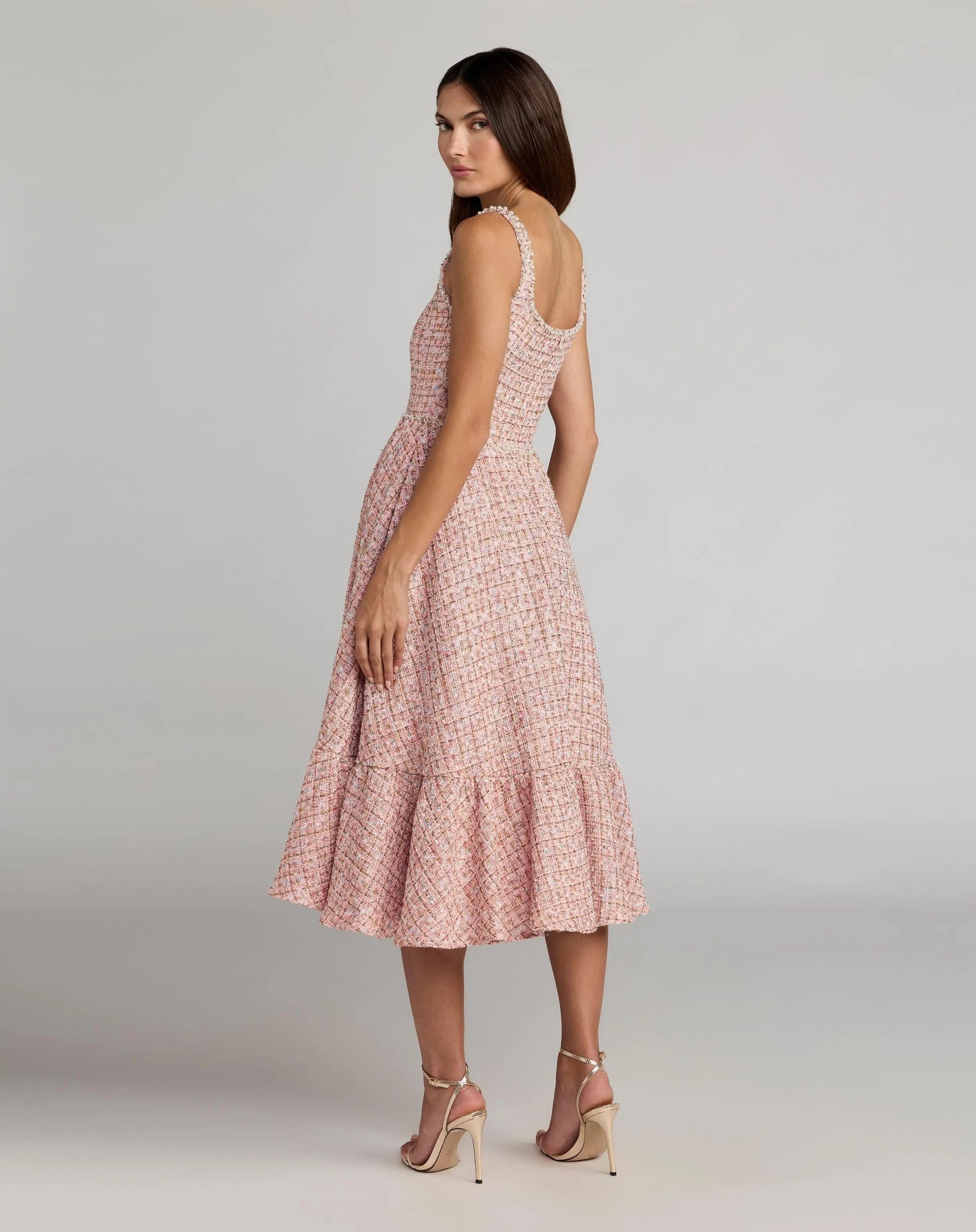 Pink Pearl Embellished Sleeveless Boucle Midi Dress - Image 3