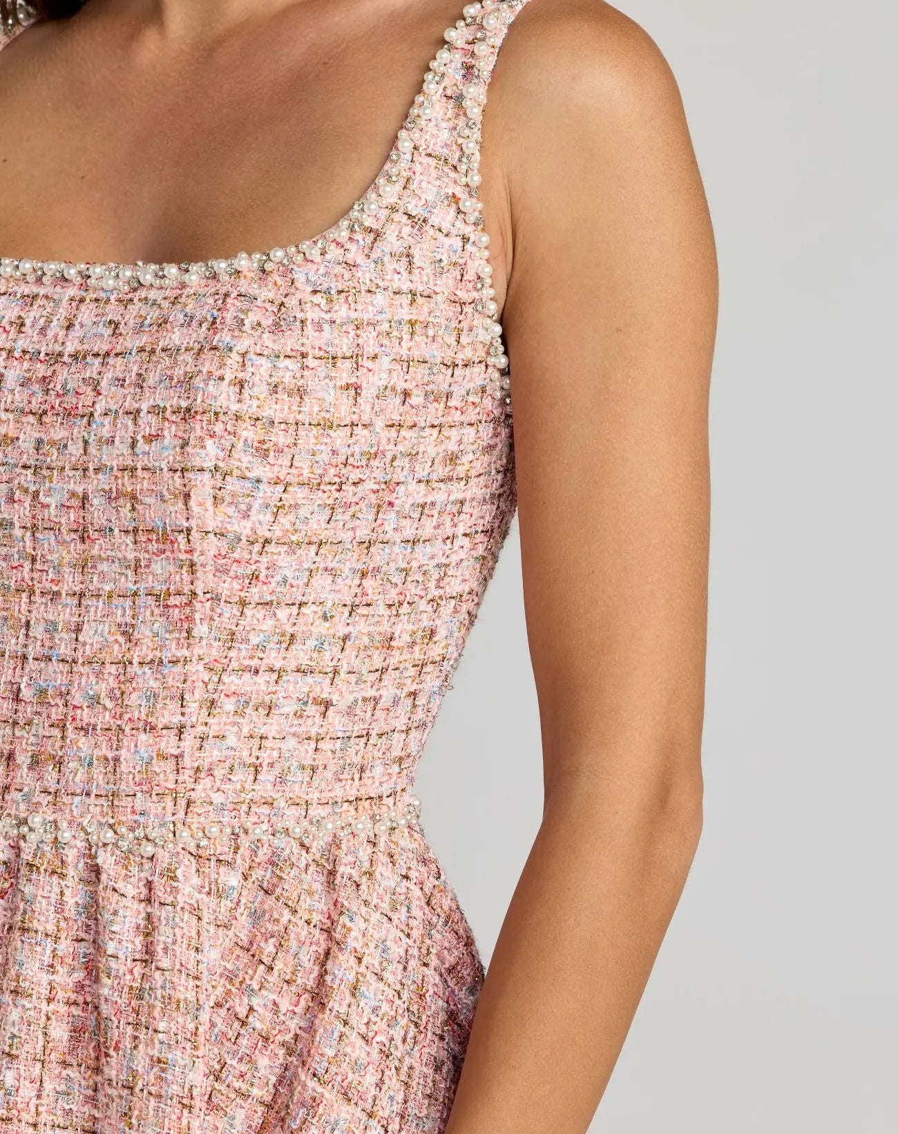 Pink Pearl Embellished Sleeveless Boucle Midi Dress - Image 2