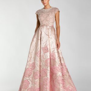 Pink Cap Sleeve Embellished Floral Brocade Ball Gown