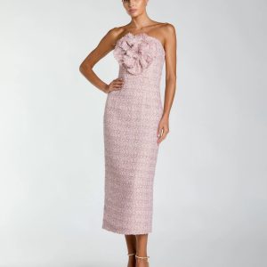 Pink Strapless Boucle Midi Dress With 3D Flower
