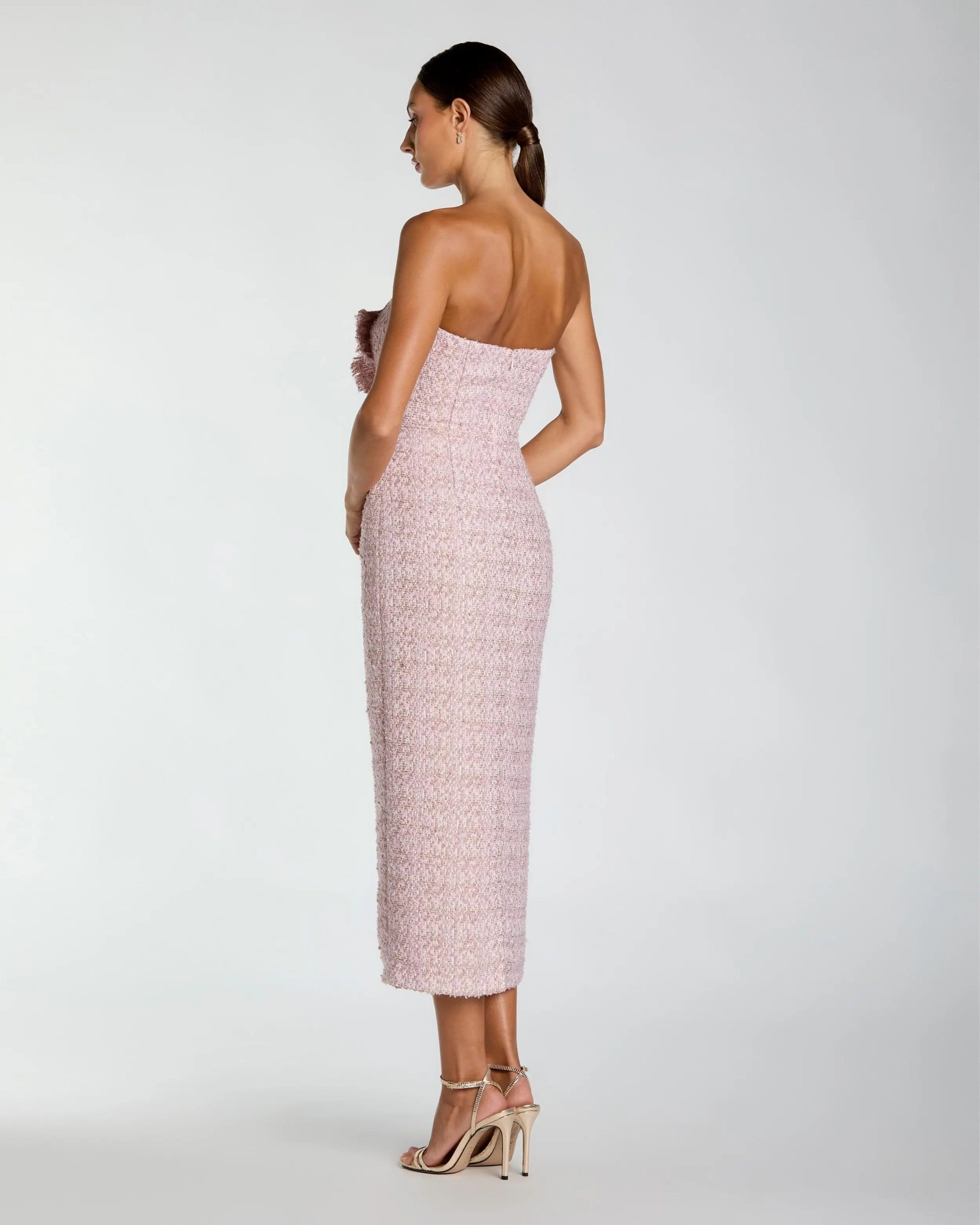 Pink Strapless Boucle Midi Dress With 3D Flower - Image 3