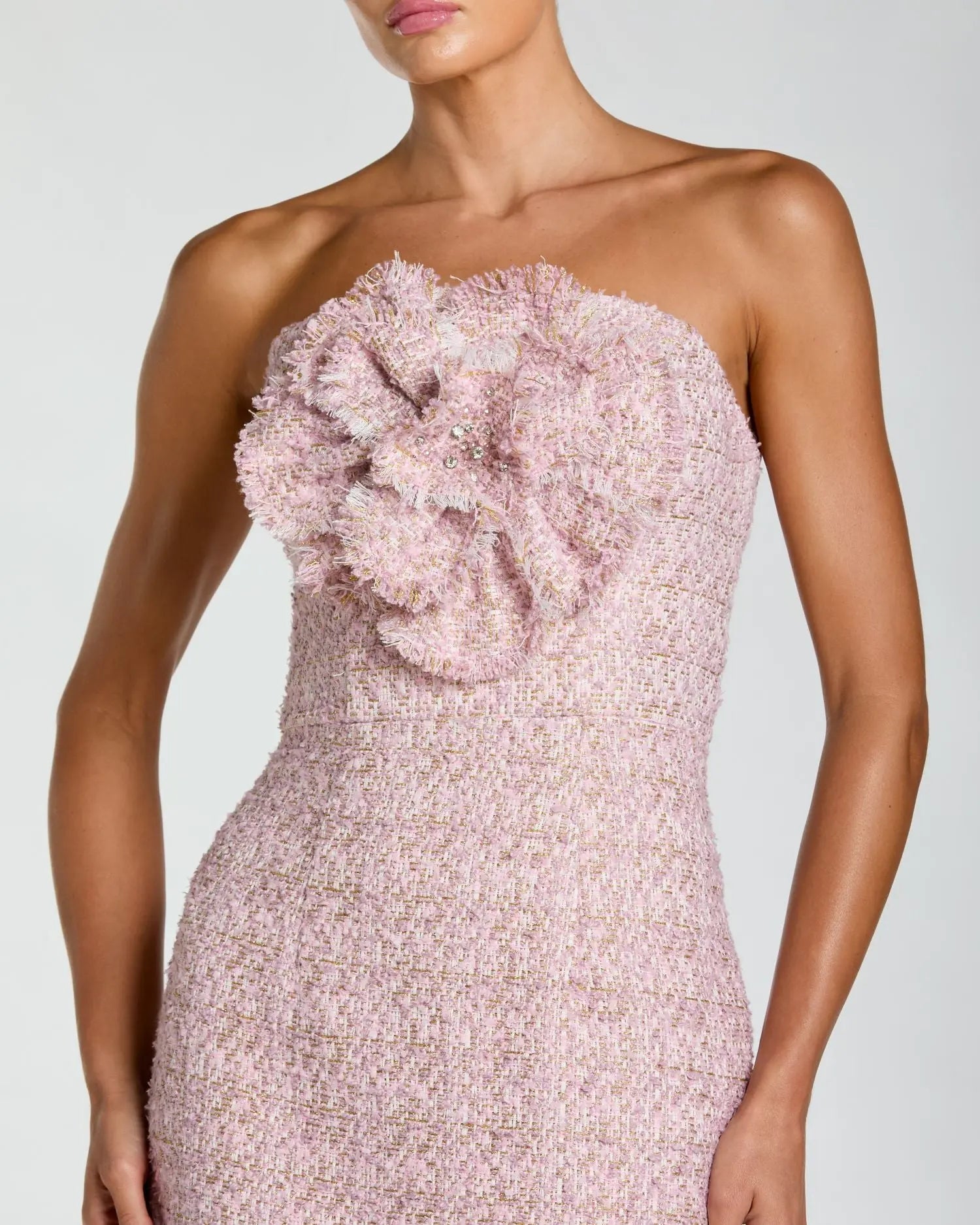 Pink Strapless Boucle Midi Dress With 3D Flower - Image 2