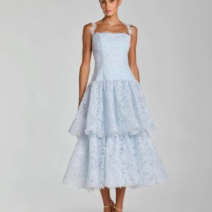 Blue Sleeveless Embroidered Lace Tiered Midi Dress