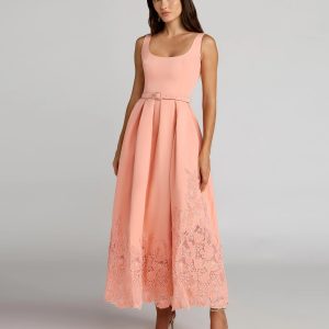 Peach Lace Hem Belted Midi Dress