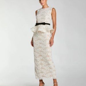 White Lace Peplum Column Dress with Bow