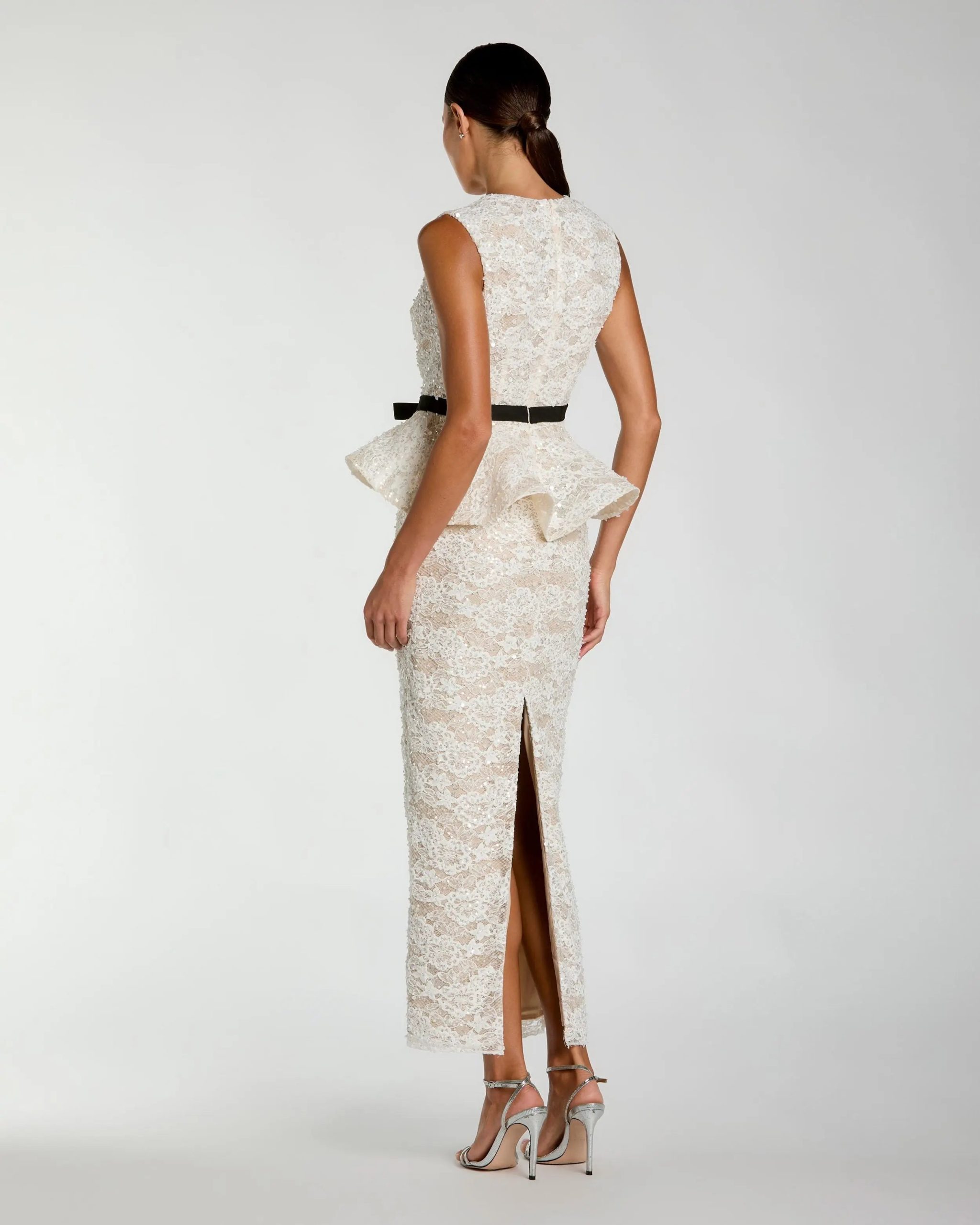 White Lace Peplum Column Dress with Bow - Image 3
