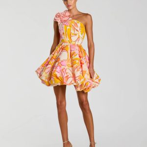 Multicolor One Shoulder Bubble Hem Faille Mini Dress