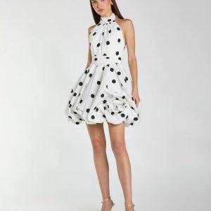 White Polka Dot Halter Mini Dress With 3D Rose