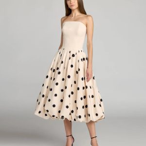 Beige Strapless Polka Dot Bubble Skirt Midi Dress
