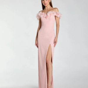 Pink Off The Shoulder Column Gown With 3D Flowers