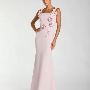 Pink Sleeveless Crepe Column Gown With Floral Detail