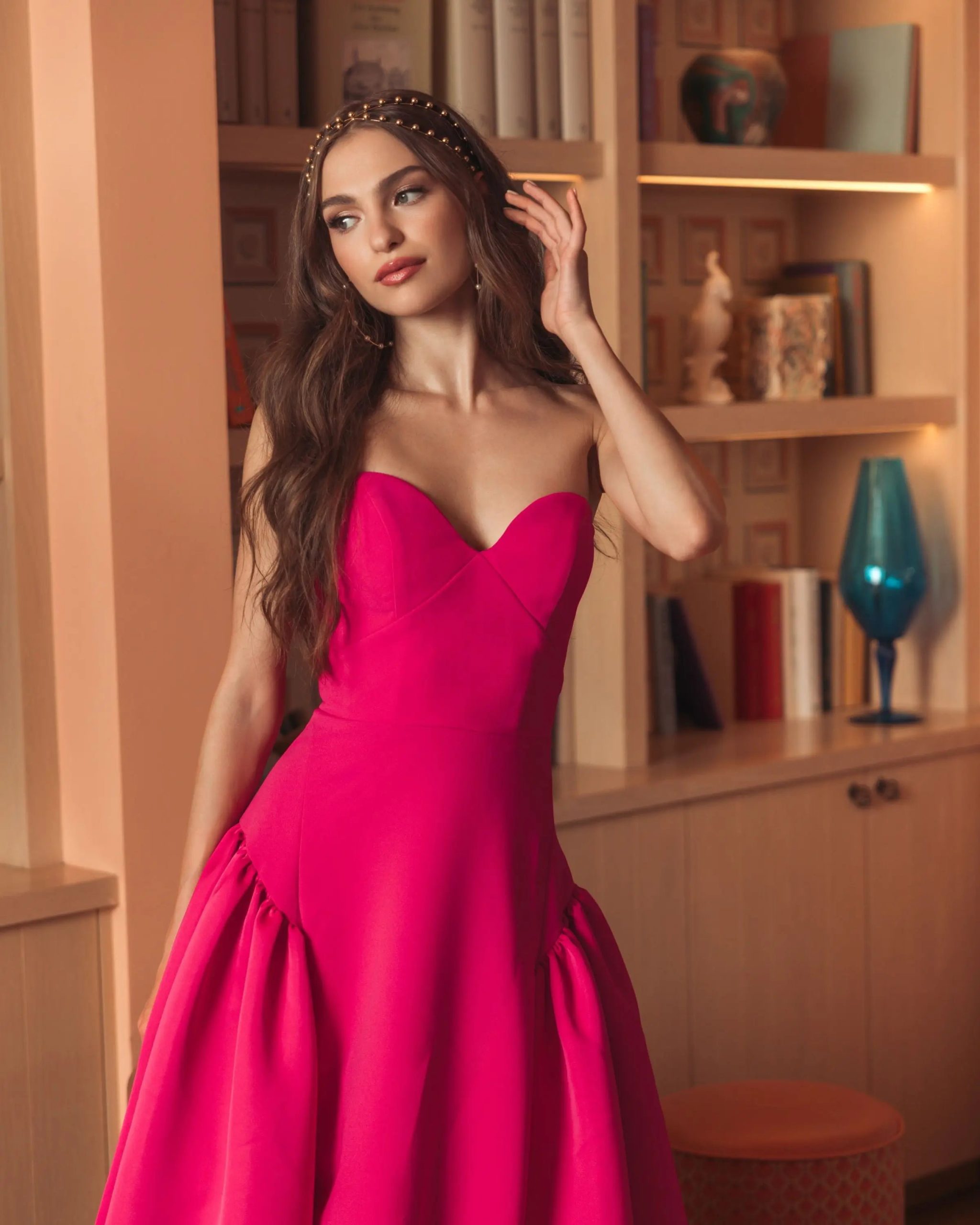 Pink Strapless Crepe Ball Gown With Satin Skirt - Image 5